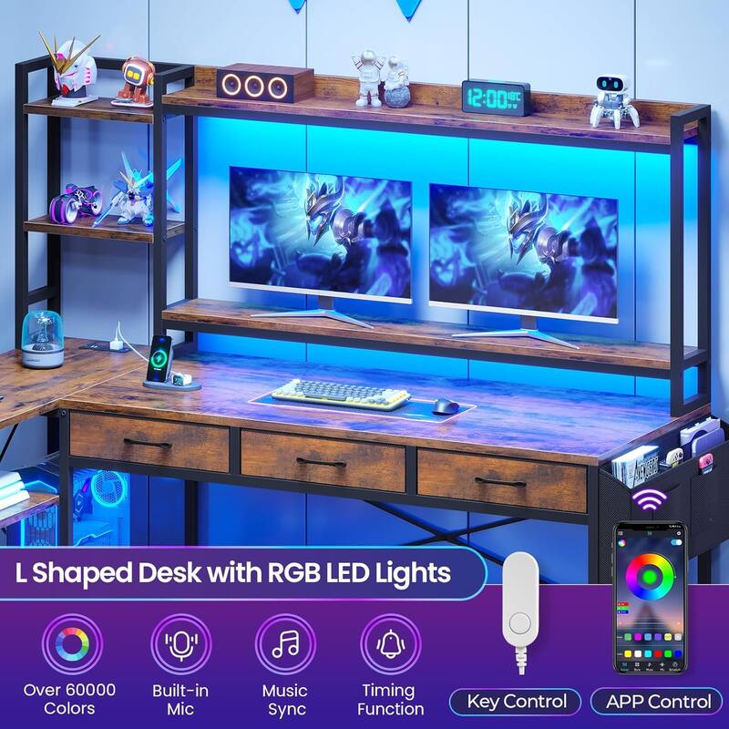 55" L Shaped Gaming Desk Corner Computer Desk Fabric Drawers