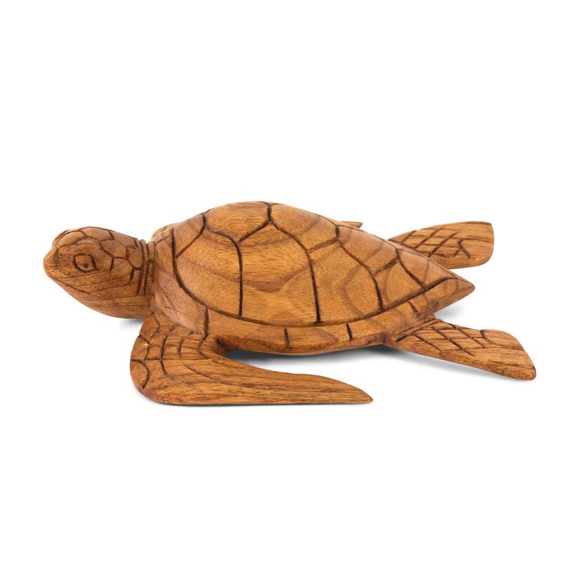Wooden Tortoise Home Decor Sculpture Statue Hand Carved Decorative Accent Figurine Handcrafted Handmade Seaside Tropical - 8" Long