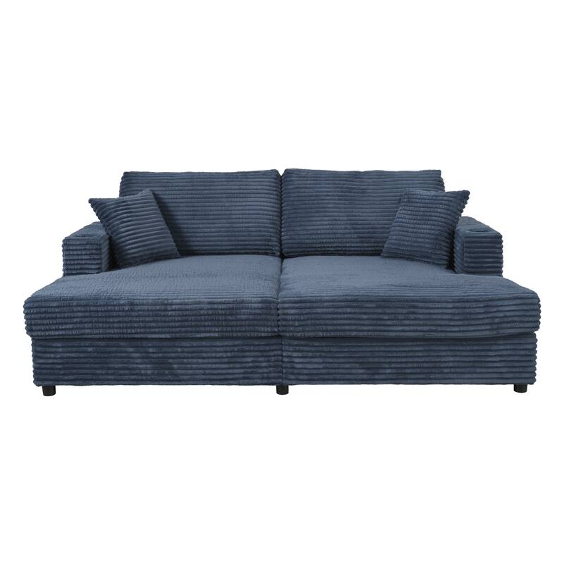 86.5" Corduroy Chaise Lounge Sofa Bed with USB Ports, Cup Holders and 8" Thick Cushions