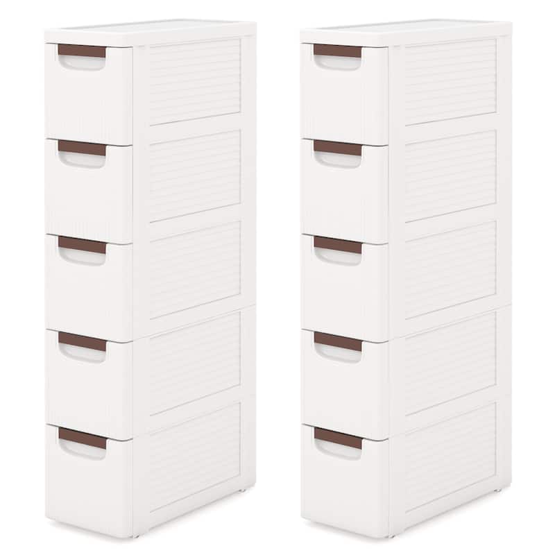 Gymax 2PCS 5-Drawer Narrow Rolling Storage Cabinet w/ Pull Handles - White