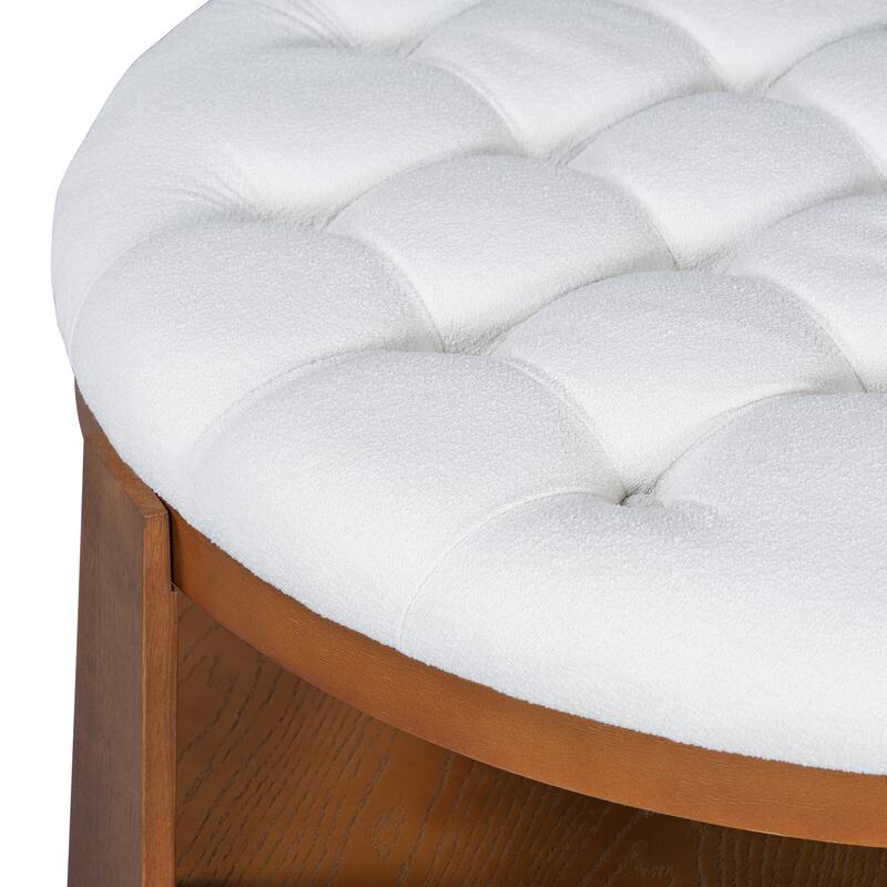 Modern Round Ottoman Coffee Table with Wood Shelf Storage Upholstered Coffee Table for Living Room Footrest Ottoman with wheel