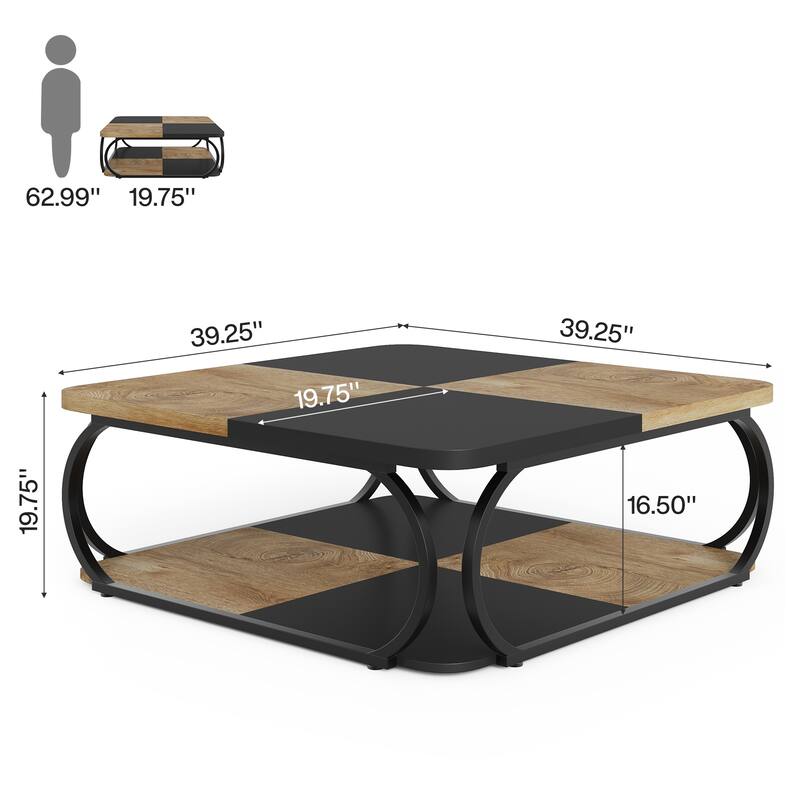 39'' 2-Tier Square Coffee Table with Metal Frame for Living Room