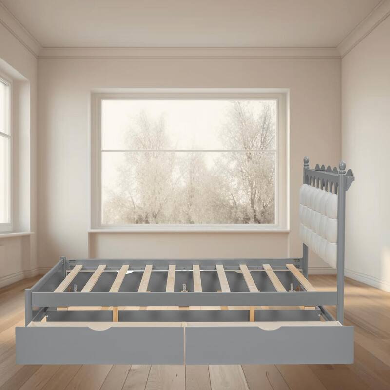Queen Size Wooden Platform Bed Frame with Trundle, 2 Big Drawers and USB Ports, Stylish and Functional Bedroom Furniture - Grey - Queen