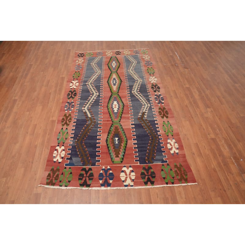 Hand Woven Oriental 100% Wool Carpet Southwestern Tribal Oranges & Rust Kilim Area Rug - 9' 3'' X 5' 1''