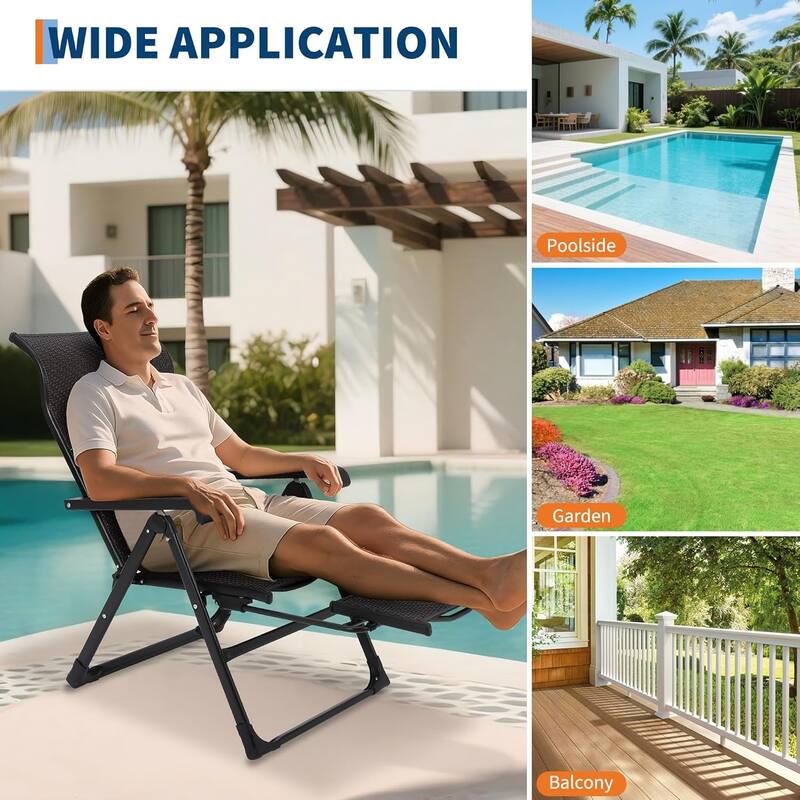 Folding Rattan Chaise Lounge Chair – Portable Outdoor Recliner with Adjustable Foot Rest & Backrest