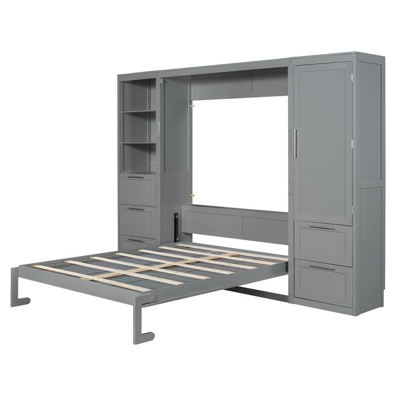 Queen Size Murphy Bed Hidden Bed with Wardrobe Drawers Shelves
