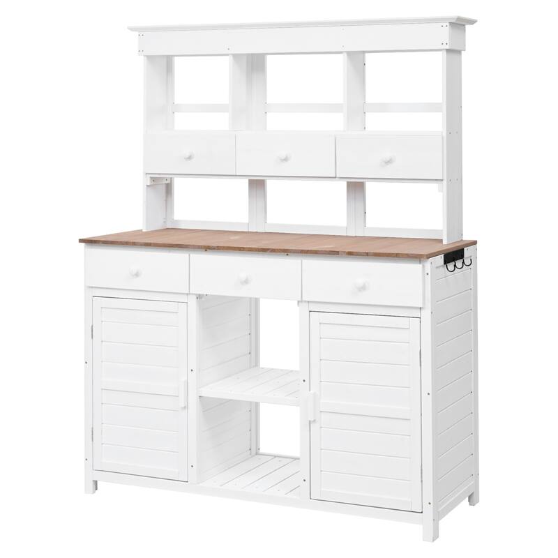 Garden Potting Bench Table with Hutch,Patio Storage Workstation with 3 Shelves,6 Drawers,2 Bottom Cabinets&Side Hooks