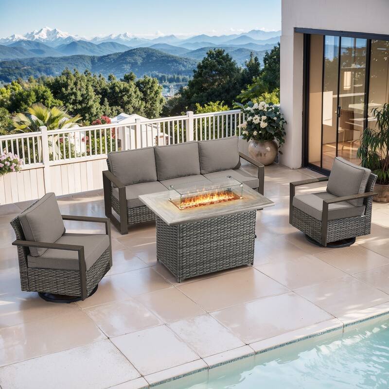 Pocassy Outdoor Wicker Sofa Swivel Chair with Fire Table Set - Grey Wicker Gray Cushion - 4-Piece Sofa Swivel Chair with Fire Table