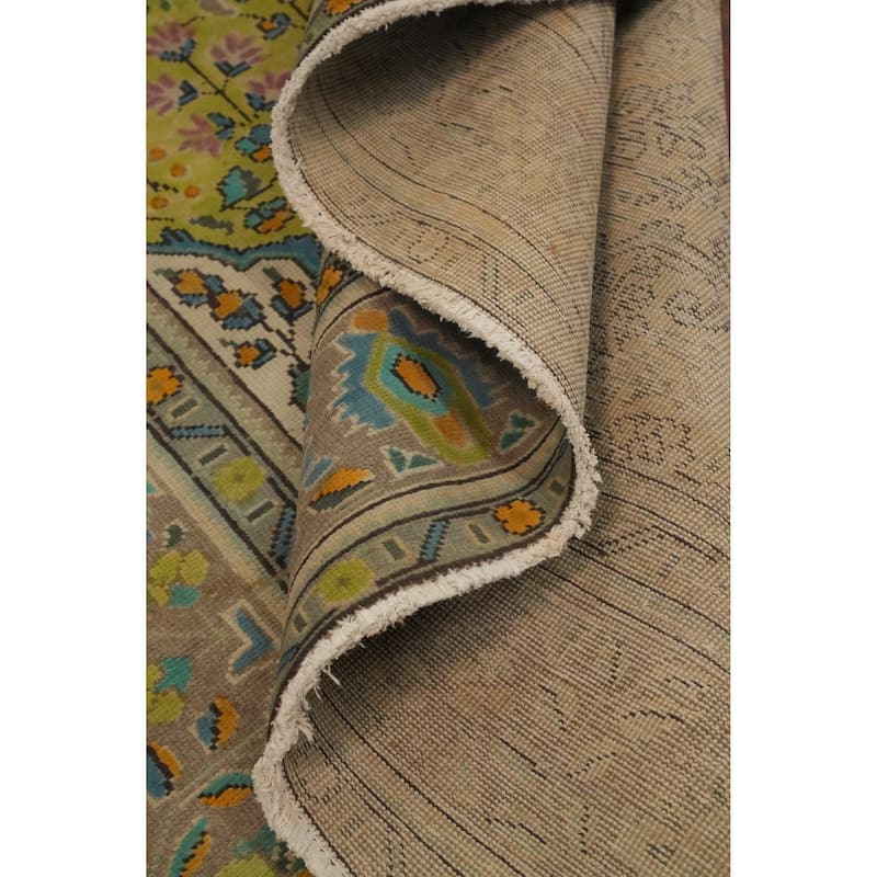 Hand Knotted Oriental 100% Wool Carpet Traditional Floral Green Tabriz Area Rug - 8' 11'' X 6' 4''