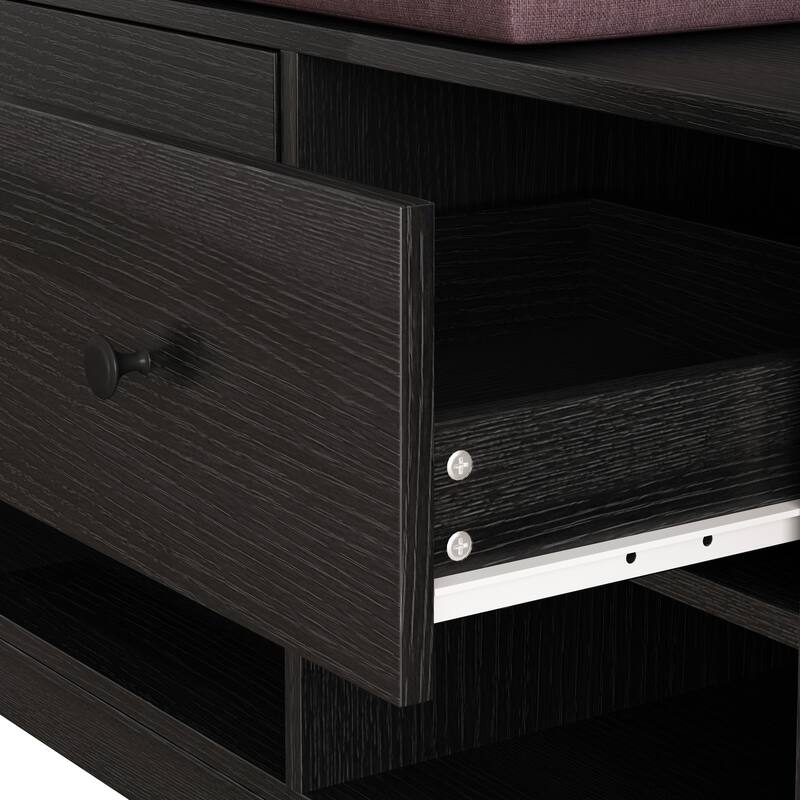 Modern Minimalist Coat Rack, Linen Cushioned Entry Bench, Storage Shelf, DIY Pegboard, for Living Room, Black