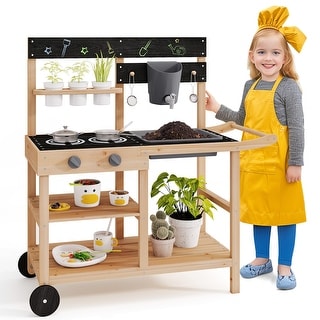 Outdoor Fir Wood Play Kitchen with Blackboard and Planting Pots-Natural - Multi