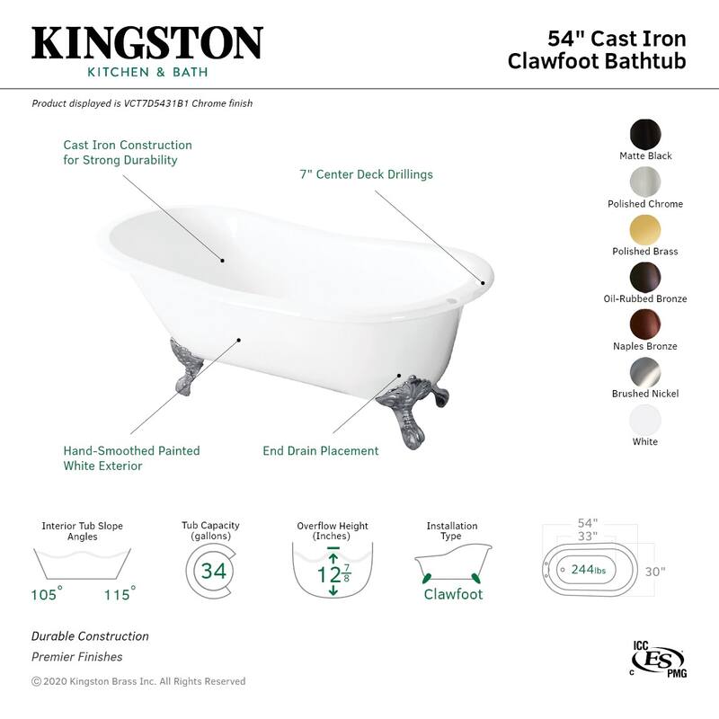 Kingston Brass Tazatina 54" Clawfoot Cast Iron Soaking Tub with