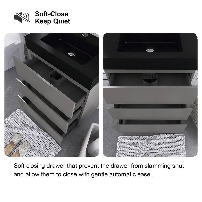 Freestanding Bathroom Vanity with Black Solid Surface Top