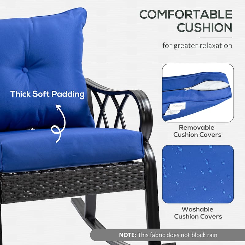 Outdoor Wicker Rocking Chair with Padded Cushions, Aluminum Rattan Porch Rocker Chair with Armrest for Garden, Patio