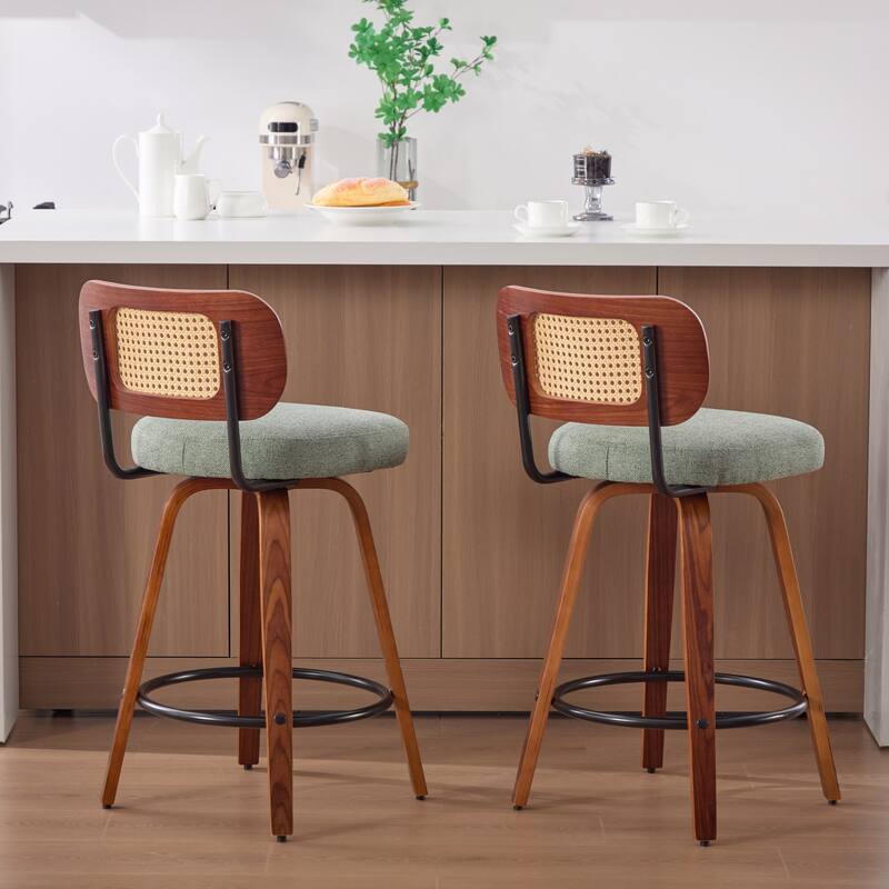 GDFStudio - Renley Rustic 26" Rattan Cane Back 360° Swivel Counter Height Bar Stools