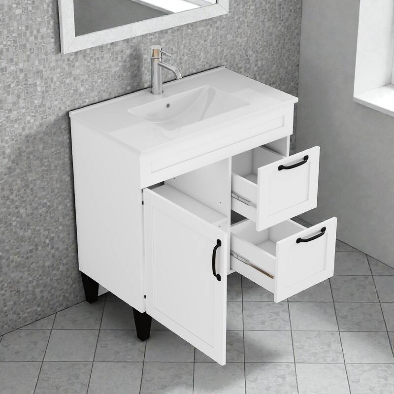 31.9" Bathroom Vanity with Ceramic Sink, 2 Drawers and 1 Door, Soft-Close Storage Cabinet, Black Hardware