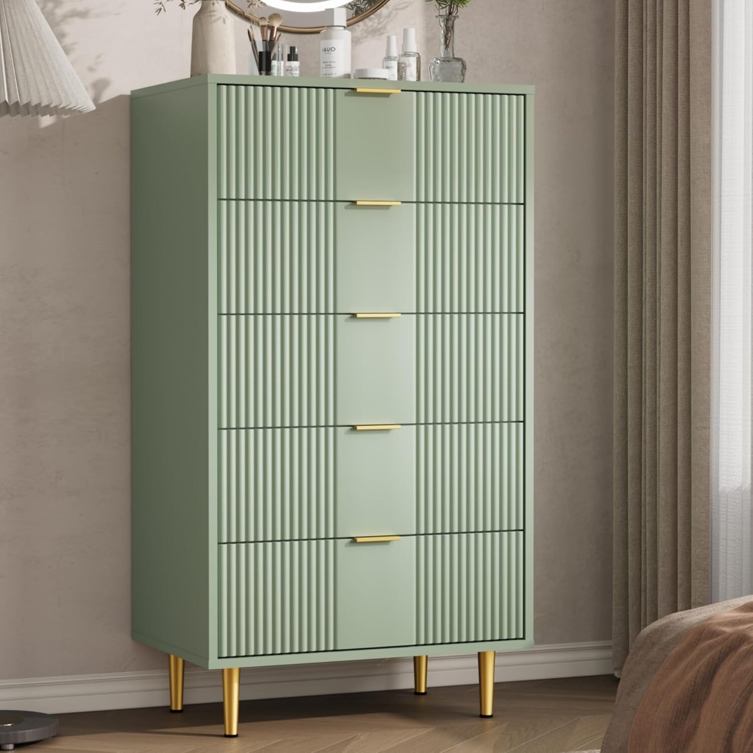 Fluted Dresser for Bedroom, Modern Chest of Drawers with Metal Handle, Wooden Closet Clothes Storage Organizer