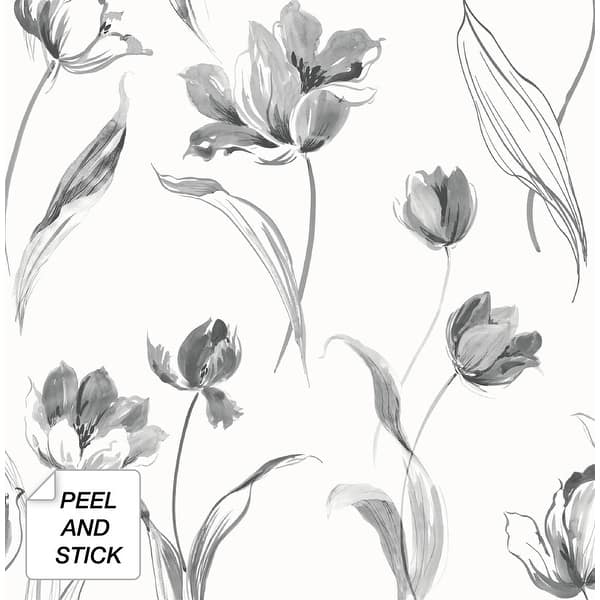 slide 2 of 7, NextWall Tulip Toss Floral Peel and Stick Wallpaper - 20.5 in. W x 18 ft. L 20.5 in. W x 18 ft. L - Black and White