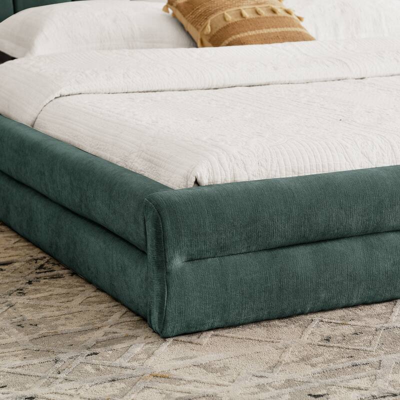 Modern Low Profile Bed Frame King Upholstered Platform Bed with Thick Fabric Headboard, Wood Slats Support, No Box Spring Needed