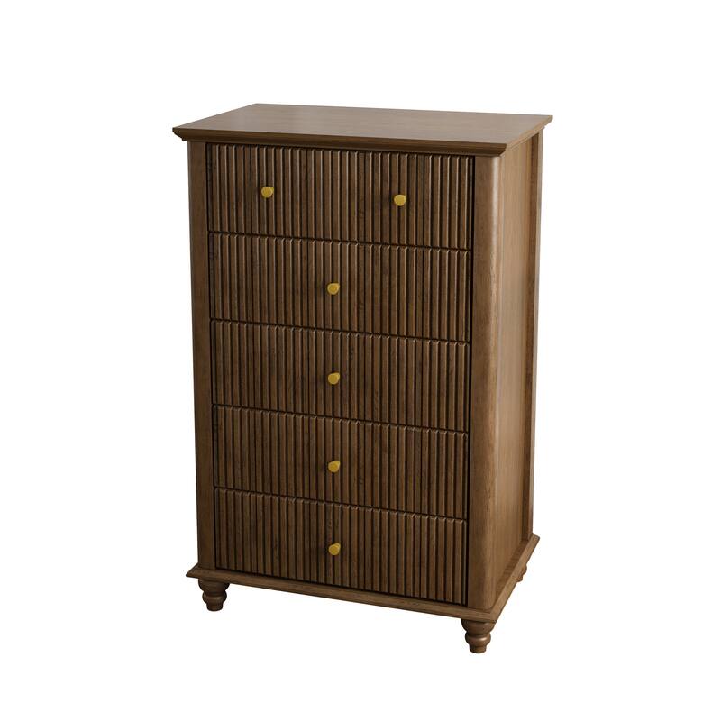 Fluted 5 Drawer Dresser, 45 Inch Tall Modern Chest of Drawers, Bedroom Dresser with Metal Handle, Wooden Drawer Organizer