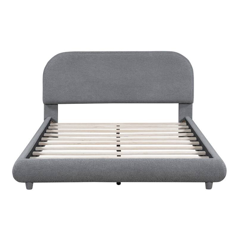 Full/Queen Size Teddy Fleece Upholstered Bed with Thick Fabric, Platform Bed Frame with Headboard & Stylish Curve-shaped Design