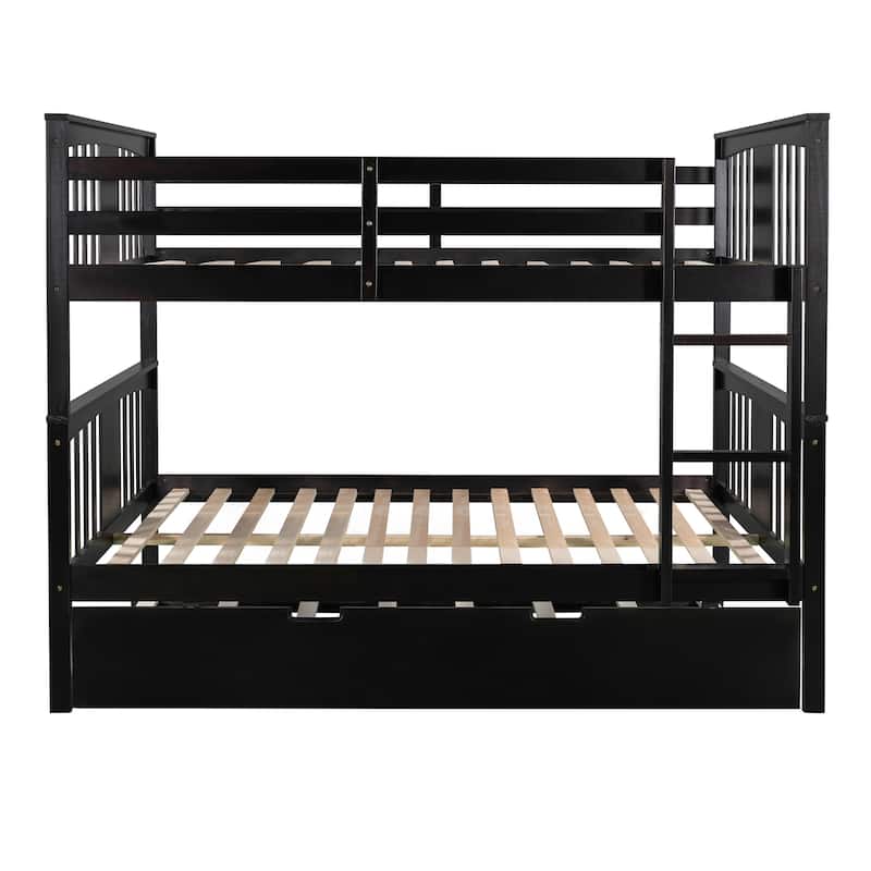 Full Pine Bunk Bed with Trundle and Ladder, Convertible to Two Beds