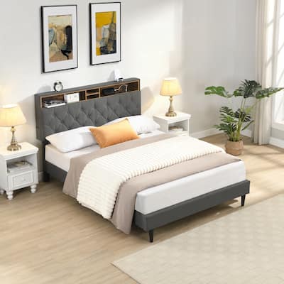 King Size Upholstered Platform Bed Frame Button Tufted Linen Headboard USB Ports Charging Station Dark Grey