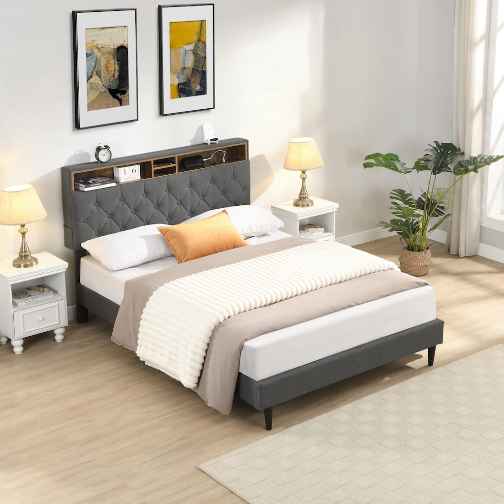 King Size Upholstered Platform Bed Frame Button Tufted Linen Headboard USB Ports Charging Station Dark Grey