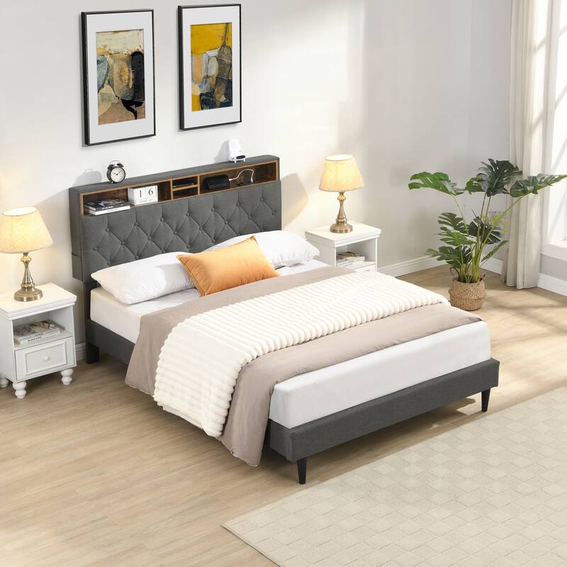 Queen Size Linen Upholstered Platform Bed with Button-Tufted Headboard, USB Charging Station and Side Pockets