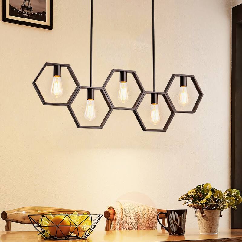 5-Light Mid-Century Modern Matte Black Geometric Pendant Island Lighting - 38.5 in. W x 72 in. H - 38.5 in. W x 72 in. H - Black