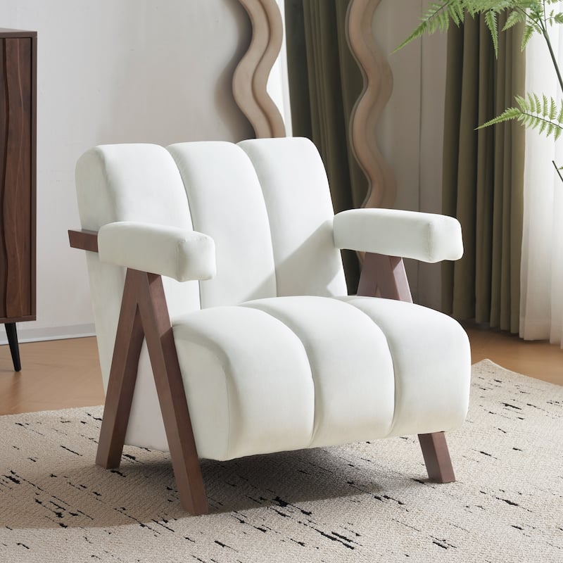 Mid Century Modern Accent Chair with Solid Wood Frame, Upholstered Living Room Chairs with Thick Cushion