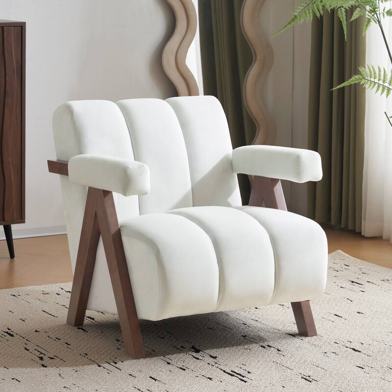 Velvet Fabric Accent Chair, Tufted Upholstered Lounge Armchair, Living Room Chairs with Inverted V-Shaped Legs