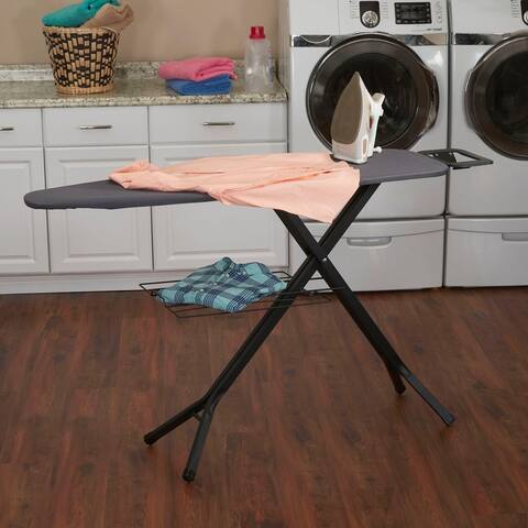 Household Essentials Deluxe 4-Leg Matte Black Ironing Board with Mesh Steel Top and Heat-Resistant Cover