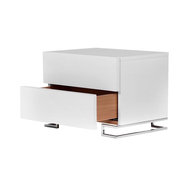 Sam 20 Inch Nightstand, 2 Drawers, White Wood, High Polished Metal Legs