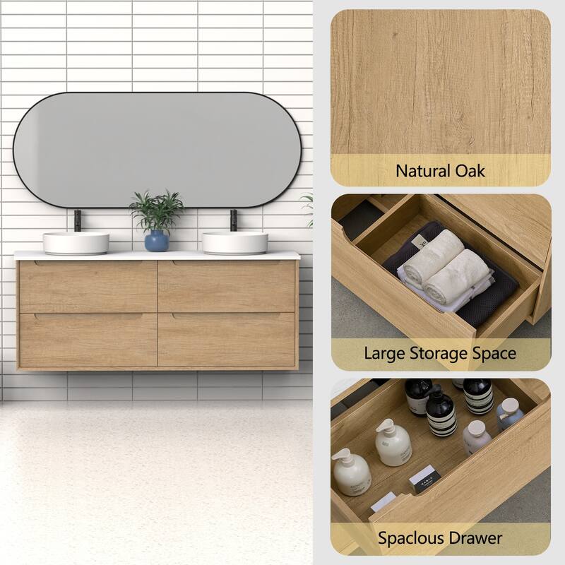 60" Solid Wood Bathroom Vanity with White Quartz Countertop Ceramic Vessel Sink