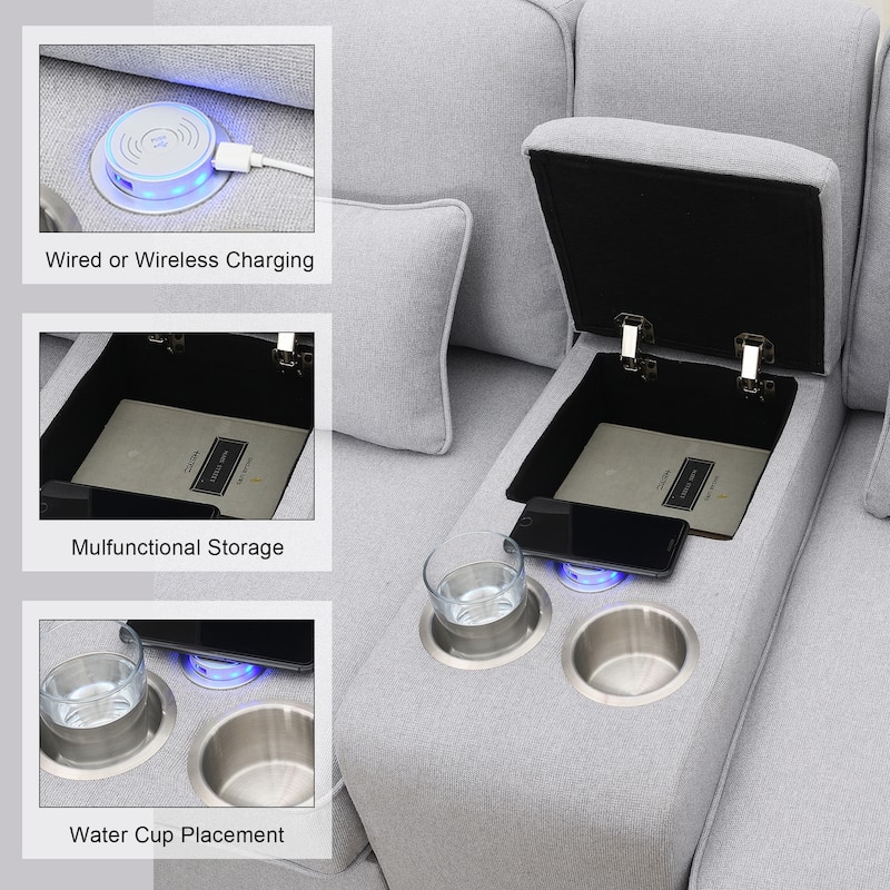 Modern 4-Seat Sofa with Console, Wireless Charging, 2 Cupholders, and 4 Pillows, Upholstered in Linen Fabric