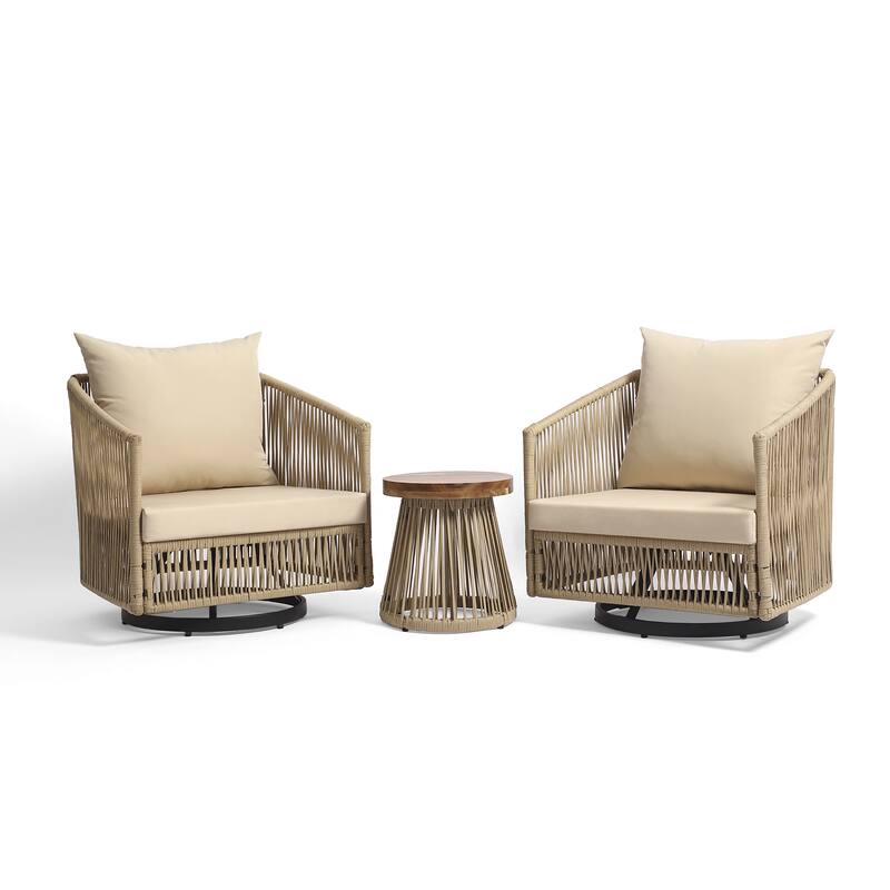 3-Piece Outdoor Patio Swivel Chair Set with Cushions and Side Table