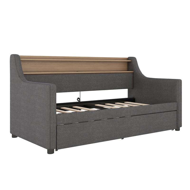 Twin Size PU Leather Upholstered Daybed with Trundle,Charging Station and LED Lights