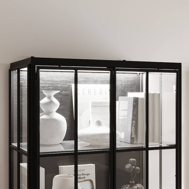 70.9"H Metal Glass Display Cabinet LED Light Bookshelves Curio Cabinet
