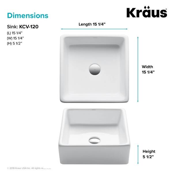 dimension image slide 0 of 2, Kraus Elavo 15 inch Square Porcelain Ceramic Vessel Bathroom Sink