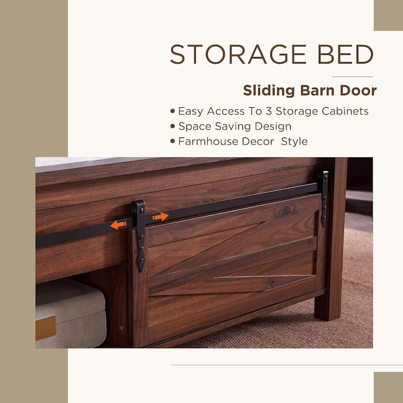 Farmhouse Queen Size Wood Bed Frame , with Cabinets and Headboard