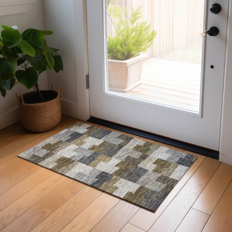 Machine Washable Indoor/ Outdoor Chantille Modern Blocks Rug - Brown - 1'8" x 2'6"