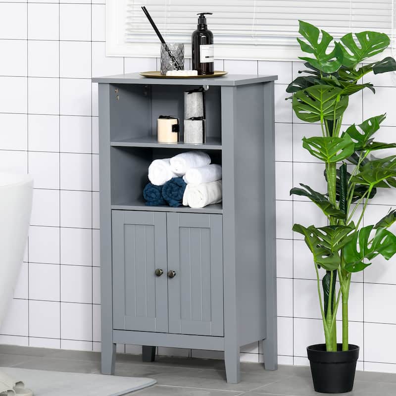 Kleankin Bathroom Cabinet Organizer with 2-Tier Open Shelves, Double Door Enclosed Storage and Elevated Base