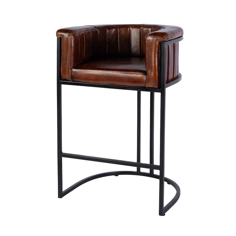 Rockford 29 in. Seat Height Leather and Iron Barrel Bar Stool with Footrest - Brown Leather