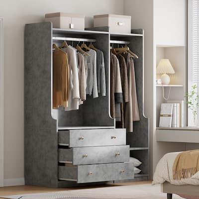 Open Storage Wardrobe with 2 Sturdy Hanging Rods, Wooden Armoires with 5 Versatile Shelves and Drawers for Entryways or Bedrooms