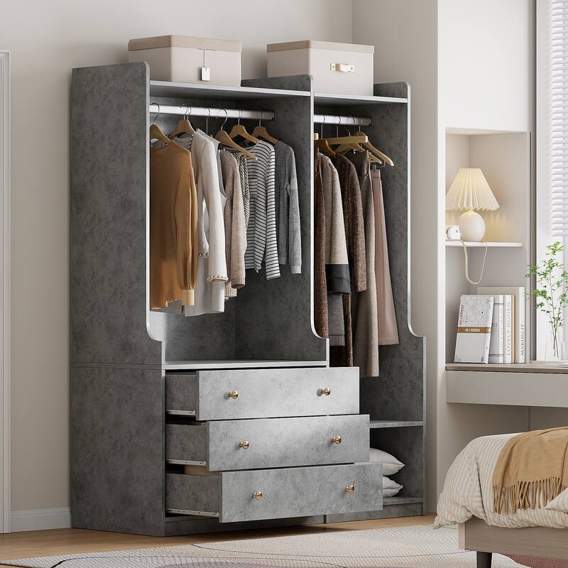 Wooden Open Wardrobe Storage Clothes Storage Cabinet with Dual Hanging Rods and Five Shelves Armoire for Bedroom - Gray