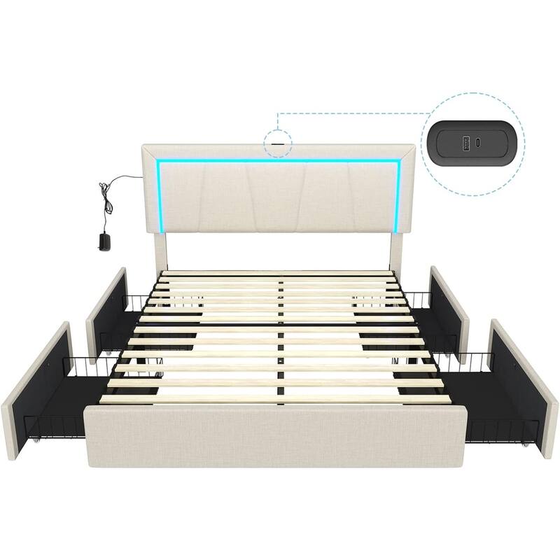Bed Frame with 4 Storage Drawers1 USB /Type-C Charging Station