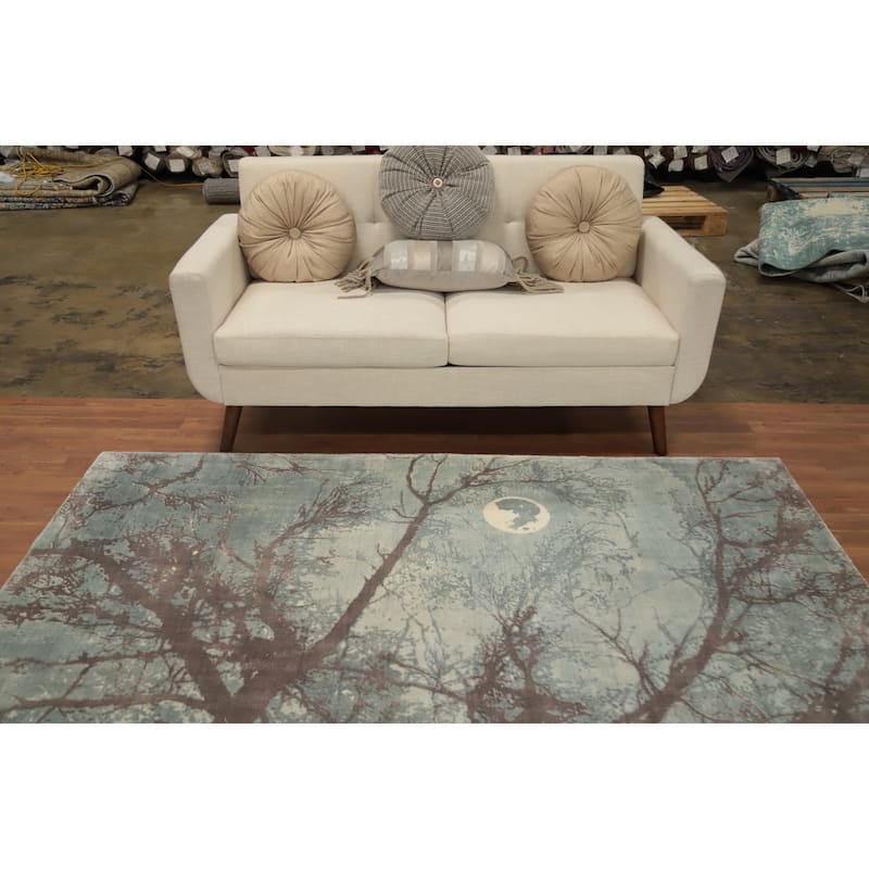 Hand Knotted Oriental Viscose Silk Carpet Modern Pictorial Green Abstract Area Rug - 7' 3'' X 5' 3''
