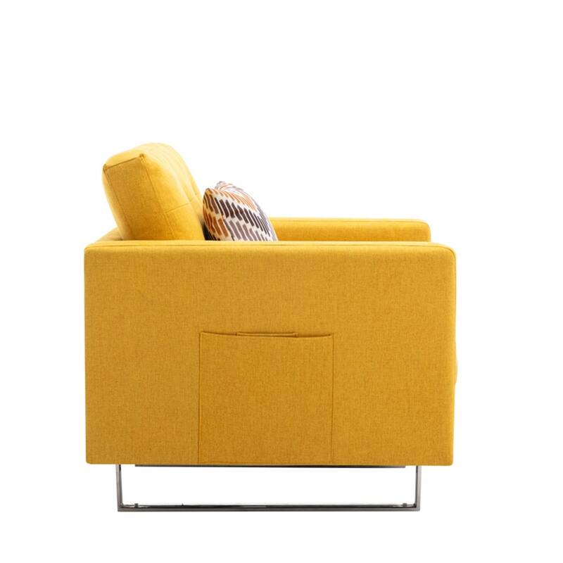 Linen Fabric Armchair with Metal Legs, Side Pockets, and Pillow