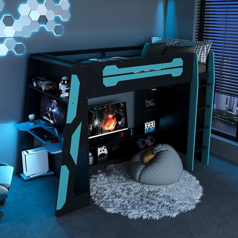 Full Size Gaming Loft Bed Esports-Inspired Bed with Desk Shelves and Charging Station for Gaming Bedroom Setup, Esports Hotels